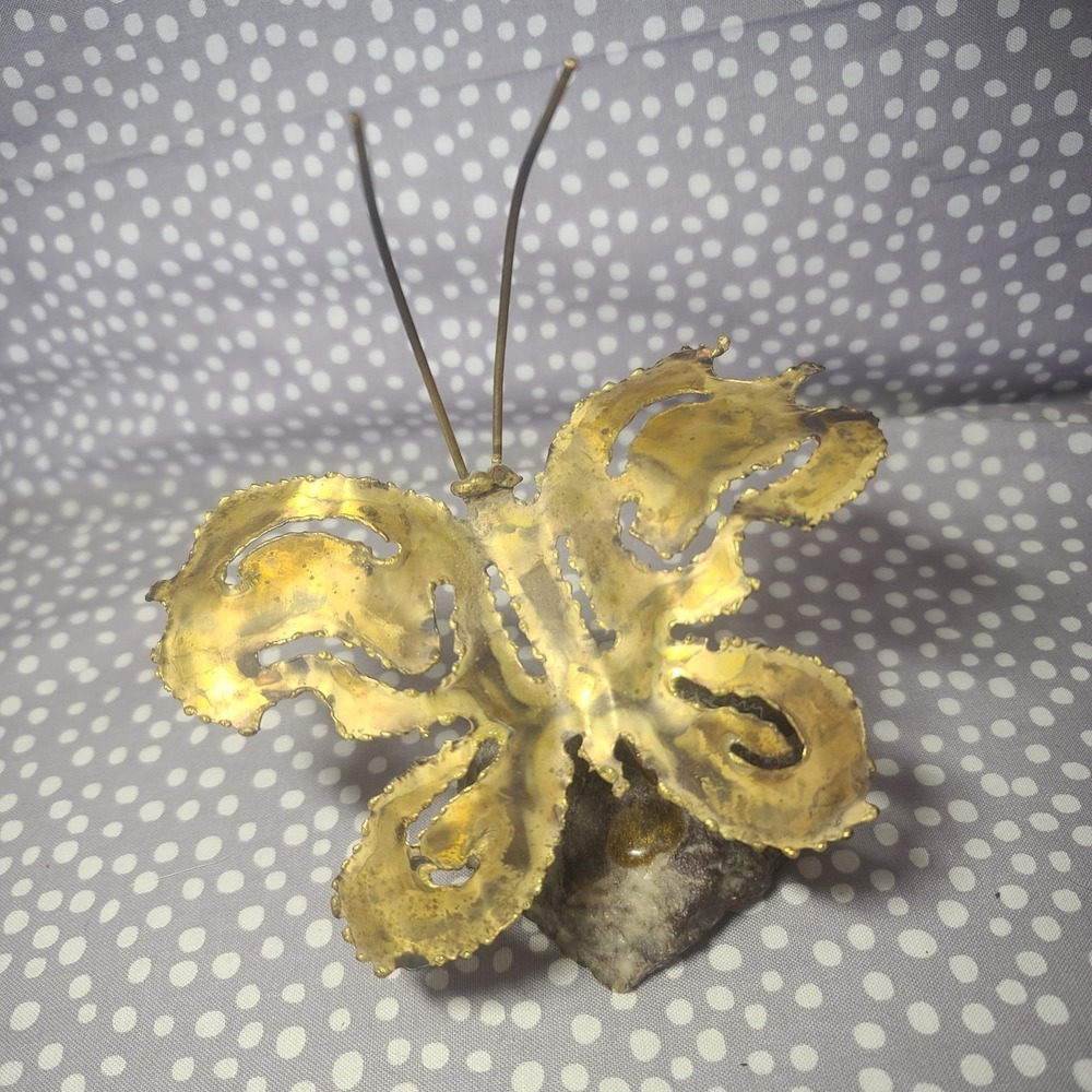 Kinetic Torched Metal Butterfly Sculpture Brutalist Mid Century On Rock Signed